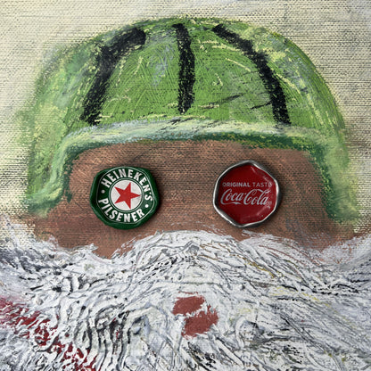 Artistic depiction of a face with Heineken and Coca-Cola logos on a textured background