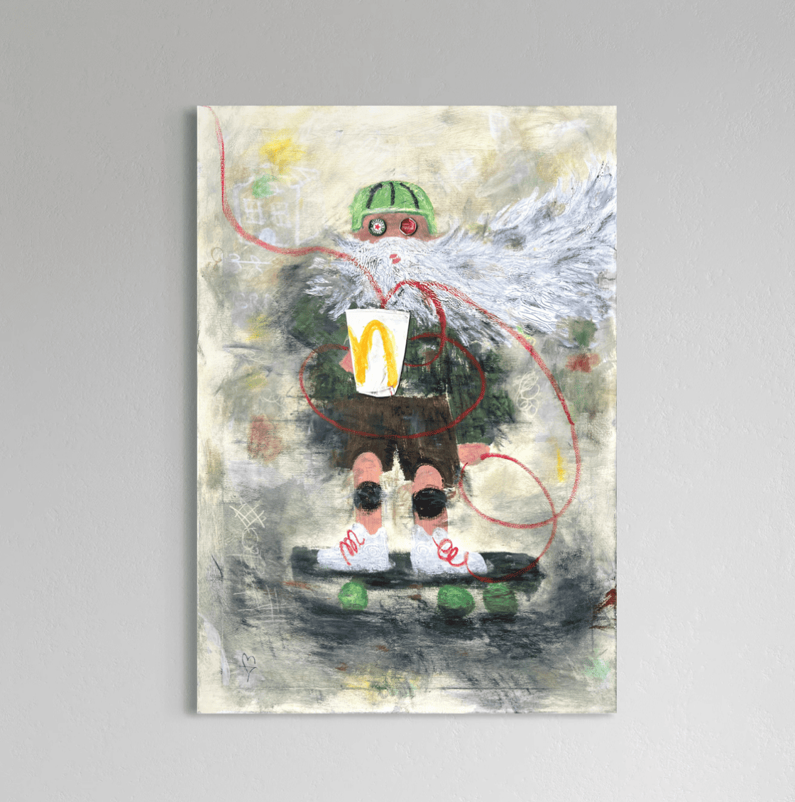 Abstract painting of a character holding a McDonald's cup on a gray background
