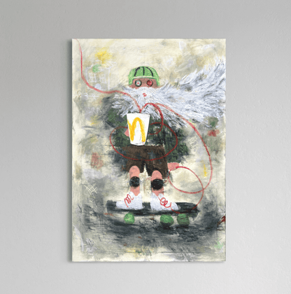 Abstract painting of a character holding a McDonald's cup on a gray background