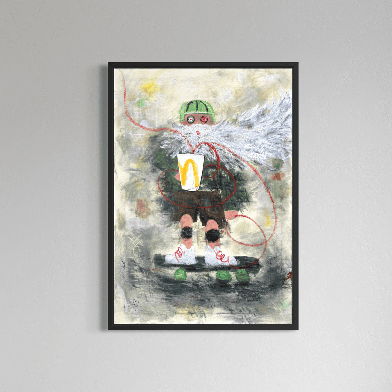 Framed abstract artwork with a person holding a McDonald's cup on a gray background
