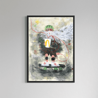 Framed abstract artwork with a person holding a McDonald's cup on a gray background