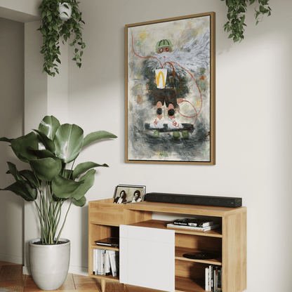 Wooden entertainment console with a framed abstract painting above it, surrounded by plants.