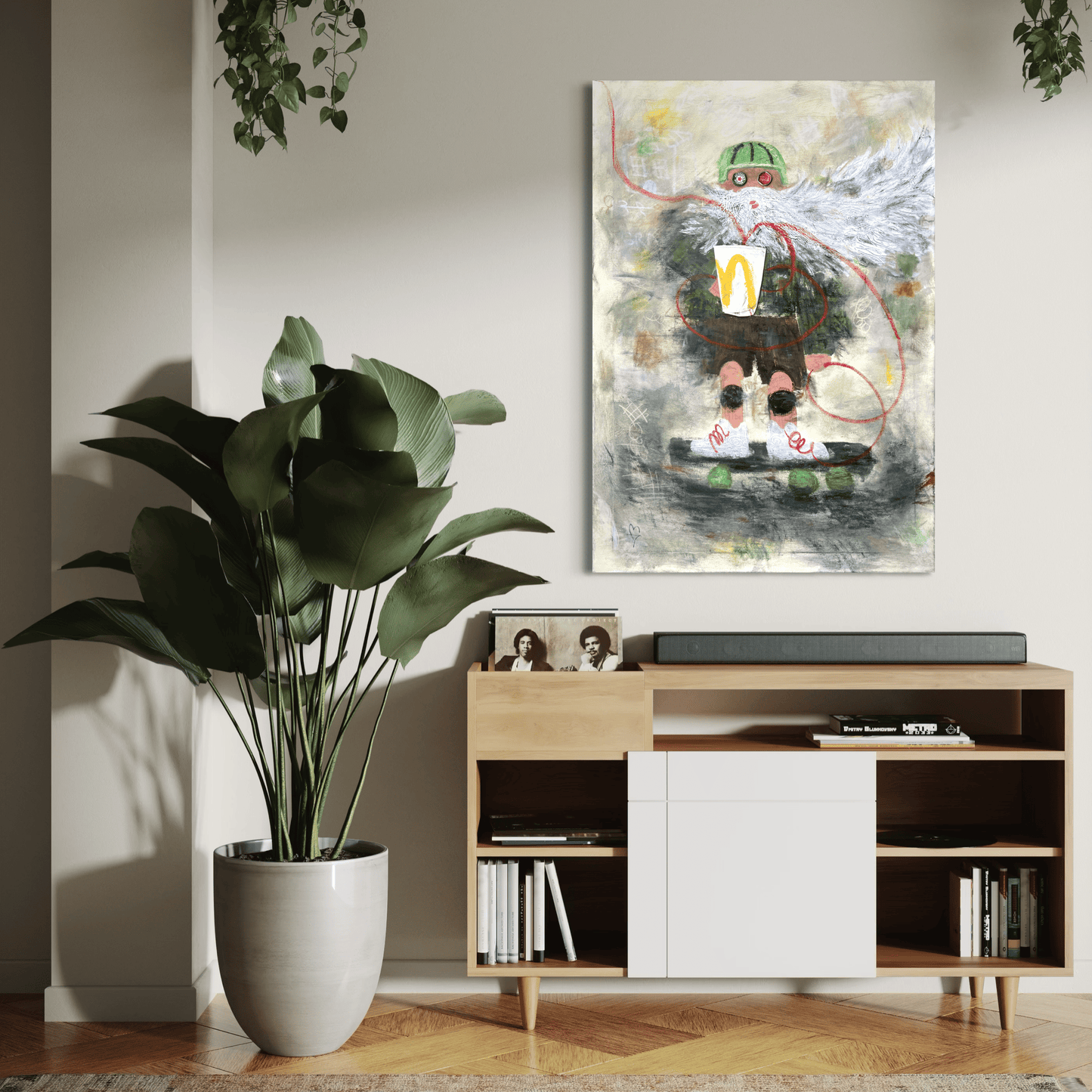 Modern living room with a plant, entertainment console, and abstract painting.