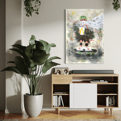 Modern living room with a plant, entertainment console, and abstract painting.