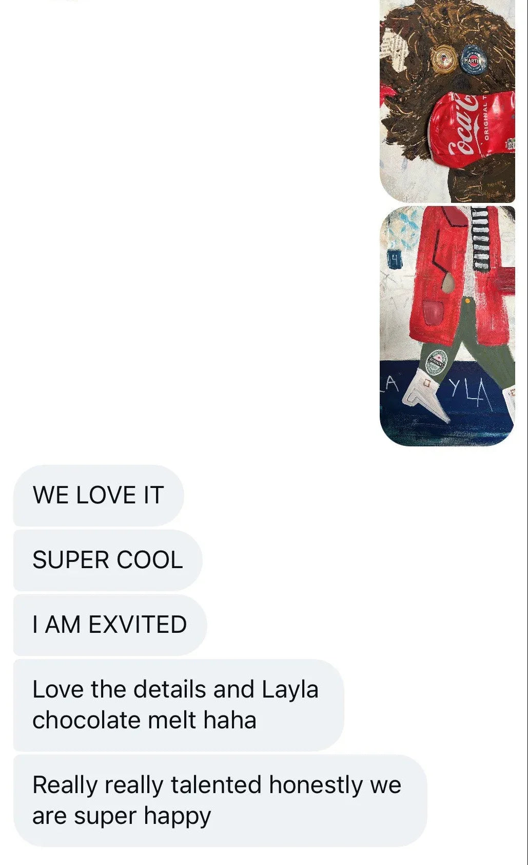 Phone screen showing a chat with a product image and text comments.
